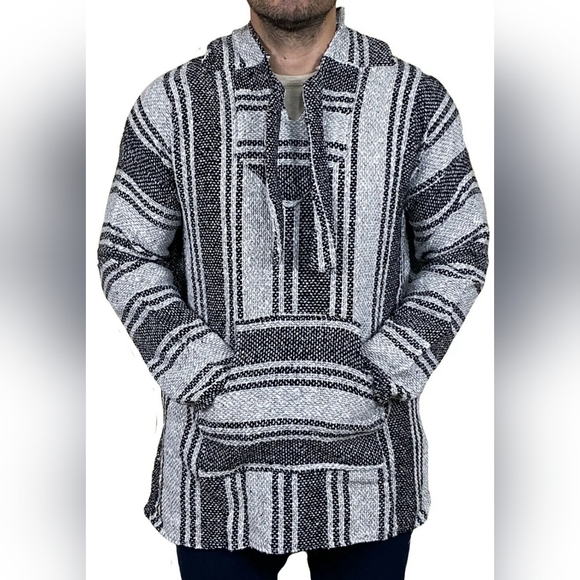Unbranded Other - MEXICAN Baja Hoodie Poncho Woven Mexican Hooded Sweater Unisex Large Black Cream